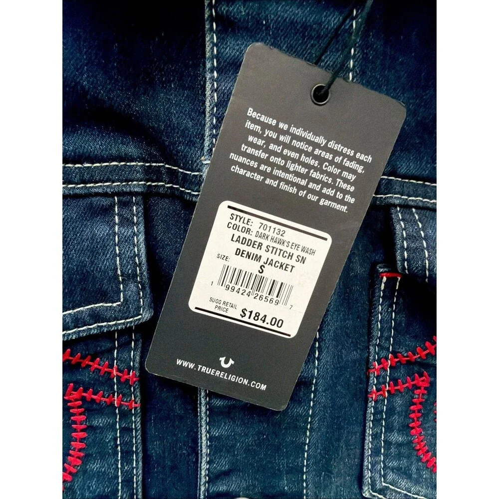 True Religion Men’s Dark Hawk Denim Trucker Jacket Size S Horseshoe Logo NWT